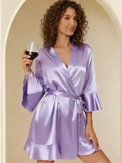 Bridal Lingerie Pajamas Sleepwear Robes Dark Navy Ruffles Indoor Lingerie Negligees Nightgown