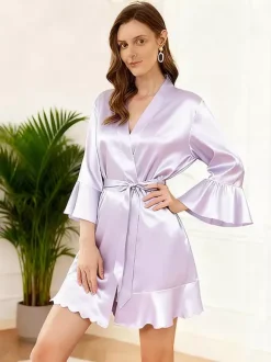 Bridal Lingerie Pajamas Sleepwear Robes Dark Navy Ruffles Indoor Lingerie Negligees Nightgown