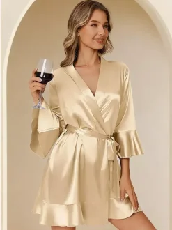 Bridal Lingerie Pajamas Sleepwear Robes Dark Navy Ruffles Indoor Lingerie Negligees Nightgown