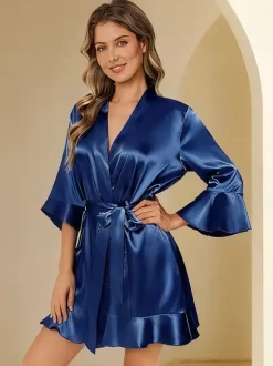 Bridal Lingerie Pajamas Sleepwear Robes Dark Navy Ruffles Indoor Lingerie Negligees Nightgown