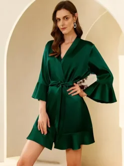 Bridal Lingerie Pajamas Sleepwear Robes Dark Navy Ruffles Indoor Lingerie Negligees Nightgown
