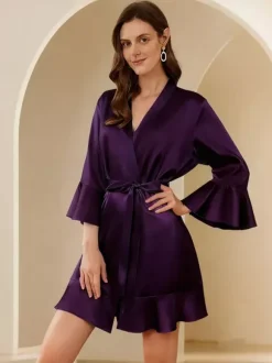 Bridal Lingerie Pajamas Sleepwear Robes Dark Navy Ruffles Indoor Lingerie Negligees Nightgown