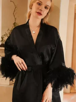 Bridal Lingerie Pajamas Sleepwear Robes Black Feathers Negligees Nightgown