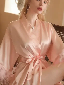 Bridal Lingerie Pajamas Sleepwear Robes Black Feathers Negligees Nightgown