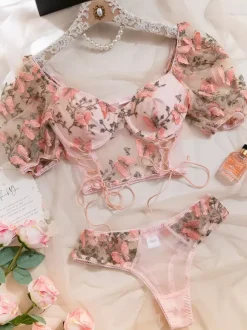 Bridal Lingerie 2-Piece Lingerie Floral Print Lace Sheer Lace Up White Bra Panty Sets