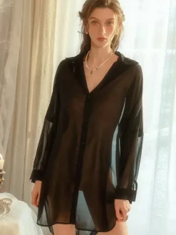 Bridal Lingerie Robes Sexy Sheer White Buttons Layered Transparent Nightgown Shirt Lingerie