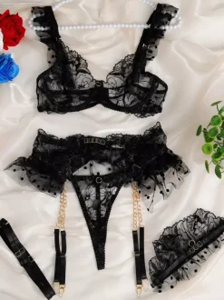 Bridal Lingerie Sexy Bridal Wedding Lingerie 4-Piece Printed Lace White Bra Panty Sets