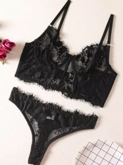 Bridal Lingerie Women Bra Black Floral Print Lace 2-Piece Lingerie Bras Sets Sleepwear Mesh Nightgown