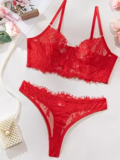 Bridal Lingerie Women Bra Black Floral Print Lace 2-Piece Lingerie Bras Sets Sleepwear Mesh Nightgown