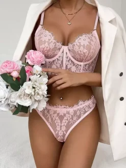Bridal Lingerie Women Bra Black Floral Print Lace 2-Piece Lingerie Bras Sets Sleepwear Mesh Nightgown
