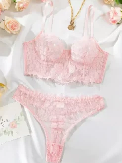 Bridal Lingerie Women Bra Black Floral Print Lace 2-Piece Lingerie Bras Sets Sleepwear Mesh Nightgown