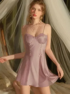 Bridal Lingerie Women Chemise White Silk-like Lace Backless Lingerie