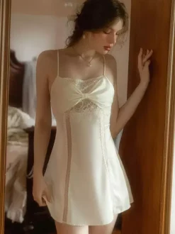 Bridal Lingerie Women Chemise Beige Silk-like Lace Backless Lingerie