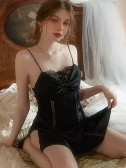 Bridal Lingerie Women Chemise Beige Silk-like Lace Backless Lingerie
