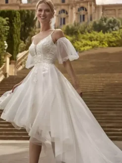 Bridal Mini Dress Short Wedding Dress V-Neck Short Sleeves A-Line Knee-Length Bridal Dresses