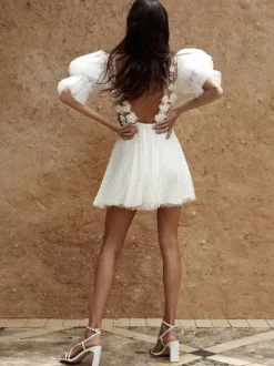 Bridal Mini Dress Short Wedding Dress V-Neck Short Sleeves A-Line Vintage Short Bridal Dresses