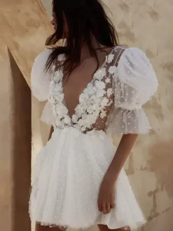 Bridal Mini Dress Short Wedding Dress V-Neck Short Sleeves A-Line Vintage Short Bridal Dresses