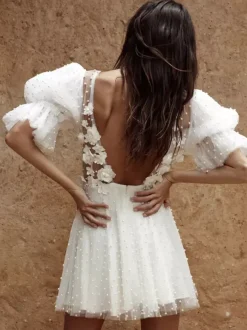 Bridal Mini Dress Short Wedding Dress V-Neck Short Sleeves A-Line Vintage Short Bridal Dresses