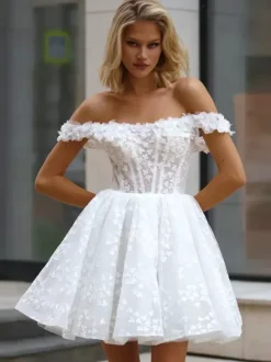 Bridal Mini Dress Short Wedding Dresses Bateau Neck 3/4 Length Sleeves A-Line Short Bridal Gowns