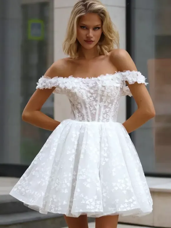 Bridal Mini Dress Short Wedding Dresses Bateau Neck 3/4 Length Sleeves A-Line Short Bridal Gowns