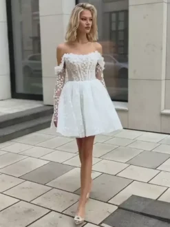 Bridal Mini Dress Short Wedding Dresses Bateau Neck 3/4 Length Sleeves A-Line Short Bridal Gowns