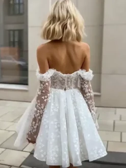 Bridal Mini Dress Short Wedding Dresses Bateau Neck 3/4 Length Sleeves A-Line Short Bridal Gowns