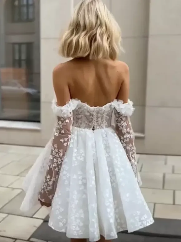 Bridal Mini Dress Short Wedding Dresses Bateau Neck 3/4 Length Sleeves A-Line Short Bridal Gowns