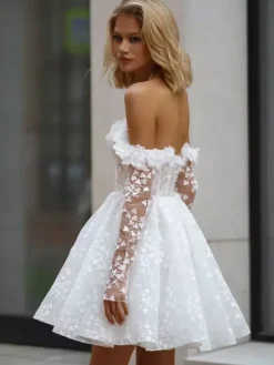 Bridal Mini Dress Short Wedding Dresses Bateau Neck 3/4 Length Sleeves A-Line Short Bridal Gowns