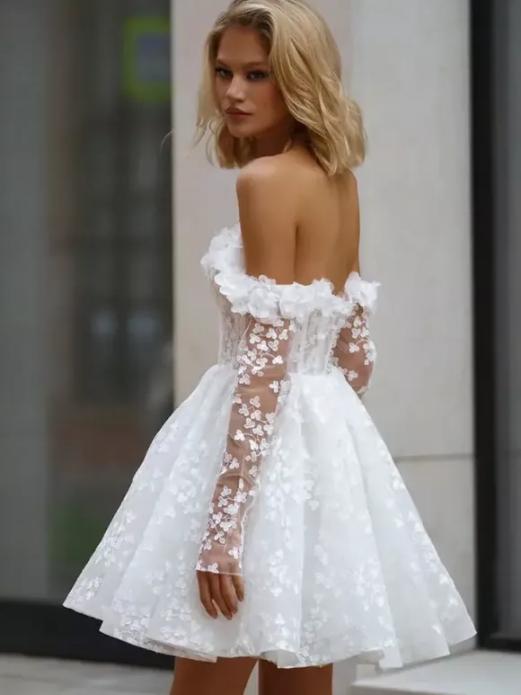 Bridal Mini Dress Short Wedding Dresses Bateau Neck 3/4 Length Sleeves A-Line Short Bridal Gowns