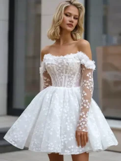 Bridal Mini Dress Short Wedding Dresses Bateau Neck 3/4 Length Sleeves A-Line Short Bridal Gowns