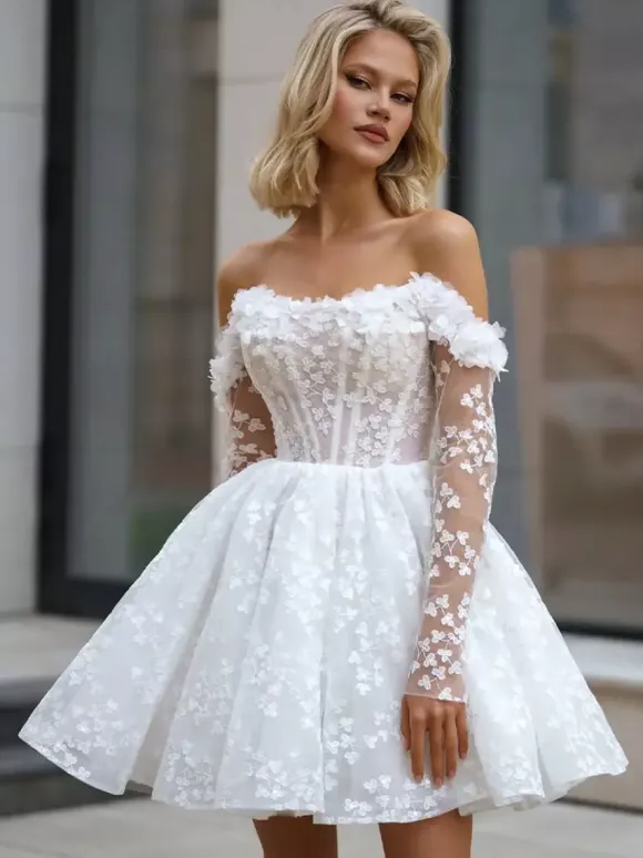 Bridal Mini Dress Short Wedding Dresses Bateau Neck 3/4 Length Sleeves A-Line Short Bridal Gowns