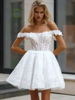 Bridal Mini Dress Short Wedding Dresses Bateau Neck 3/4 Length Sleeves A-Line Short Bridal Gowns