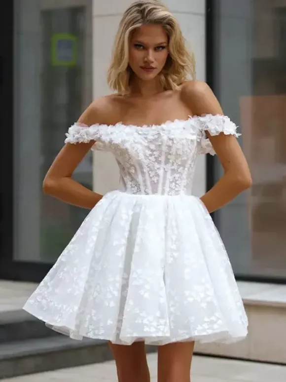 Bridal Mini Dress Short Wedding Dresses Bateau Neck 3/4 Length Sleeves A-Line Short Bridal Gowns