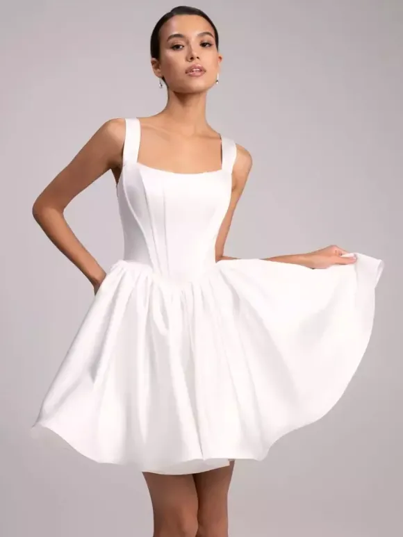 Bridal Mini Dress Short Wedding Dresses Square Neck Sleeveless Short Natural Waist Satin Fabric Bridal Gowns