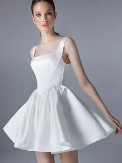 Bridal Mini Dress Short Wedding Dresses Square Neck Sleeveless Short Natural Waist Satin Fabric Bridal Gowns