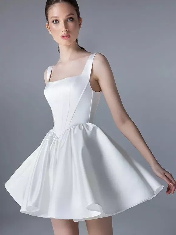 Bridal Mini Dress Short Wedding Dresses Square Neck Sleeveless Short Natural Waist Satin Fabric Bridal Gowns