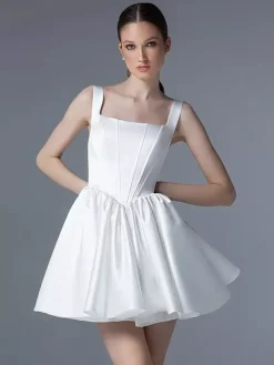 Bridal Mini Dress Short Wedding Dresses Square Neck Sleeveless Short Natural Waist Satin Fabric Bridal Gowns
