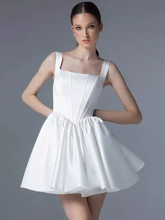 Bridal Mini Dress Short Wedding Dresses Square Neck Sleeveless Short Natural Waist Satin Fabric Bridal Gowns