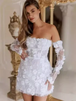 Bridal Mini Dress Short Wedding Dress Strapless 3/4 Length Sleeves Short Flower Lace Bridal Dresses