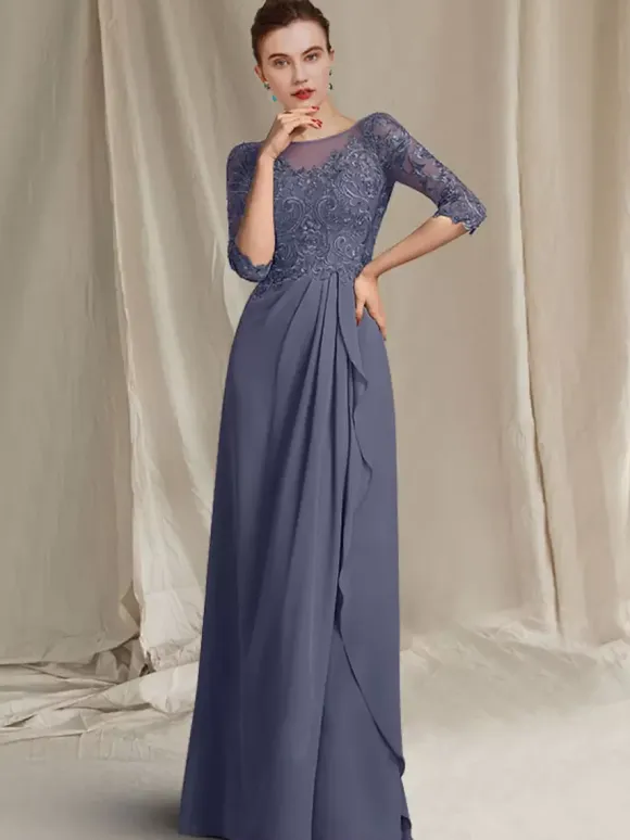 Bridal Mother Dress Bateau Neck Half Sleeves A-Line Lace Floor-Length Wedding Guest Dresses