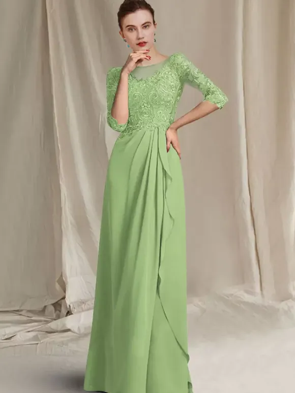 Bridal Mother Dress Bateau Neck Half Sleeves A-Line Lace Floor-Length Wedding Guest Dresses
