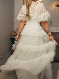 Bridal Mother Dress Designed Neckline Short Sleeves Ball Gown Tiered Wedding Guest Dresses