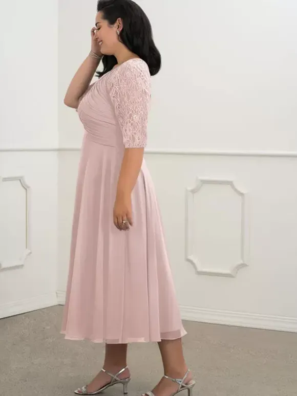 Bridal Mother Dress Flesh Color Jewel Neck Half Sleeves A-Line Lace Pleated Floor-Length Wedding Guest Dresses