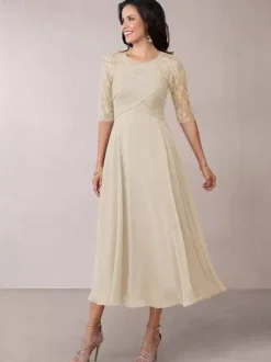 Bridal Mother Dress Flesh Color Jewel Neck Half Sleeves A-Line Lace Pleated Floor-Length Wedding Guest Dresses