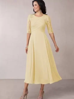 Bridal Mother Dress Flesh Color Jewel Neck Half Sleeves A-Line Lace Pleated Floor-Length Wedding Guest Dresses