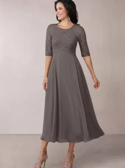 Bridal Mother Dress Flesh Color Jewel Neck Half Sleeves A-Line Lace Pleated Floor-Length Wedding Guest Dresses