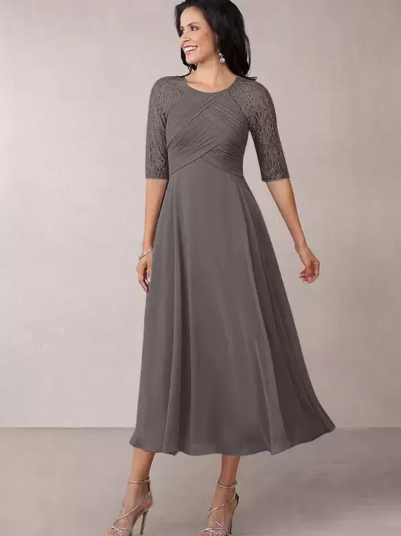 Bridal Mother Dress Flesh Color Jewel Neck Half Sleeves A-Line Lace Pleated Floor-Length Wedding Guest Dresses
