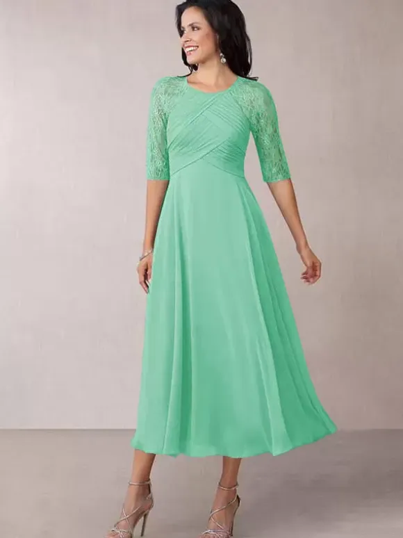 Bridal Mother Dress Flesh Color Jewel Neck Half Sleeves A-Line Lace Pleated Floor-Length Wedding Guest Dresses