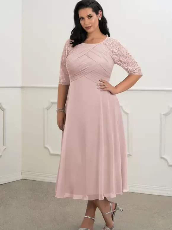 Bridal Mother Dress Flesh Color Jewel Neck Half Sleeves A-Line Lace Pleated Floor-Length Wedding Guest Dresses