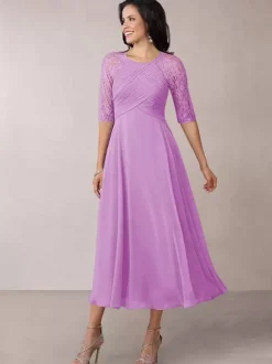 Bridal Mother Dress Flesh Color Jewel Neck Half Sleeves A-Line Lace Pleated Floor-Length Wedding Guest Dresses